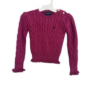 Vtg 90’s Ralph Lauren Girl’s Pink Cable Knit Ruffle Sweater Size 4/4T Pony